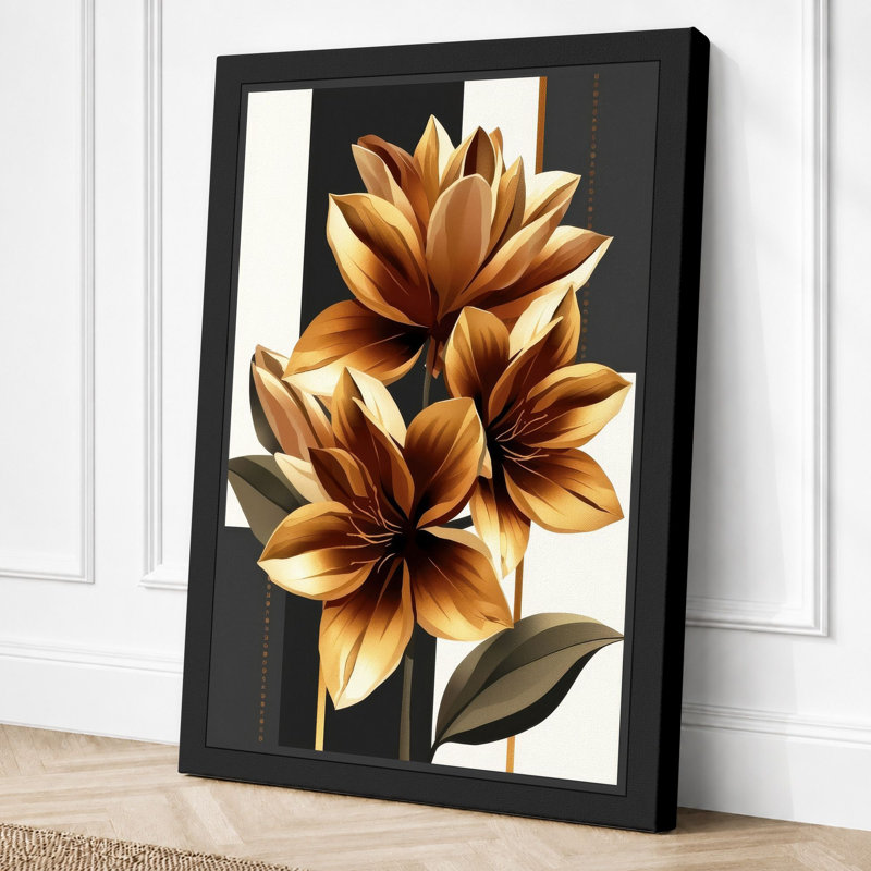 Golden Lotus Blooms Botanical - Wrapped Canvas, 36x24 - 91.4 x 61.0 cm, Black Border