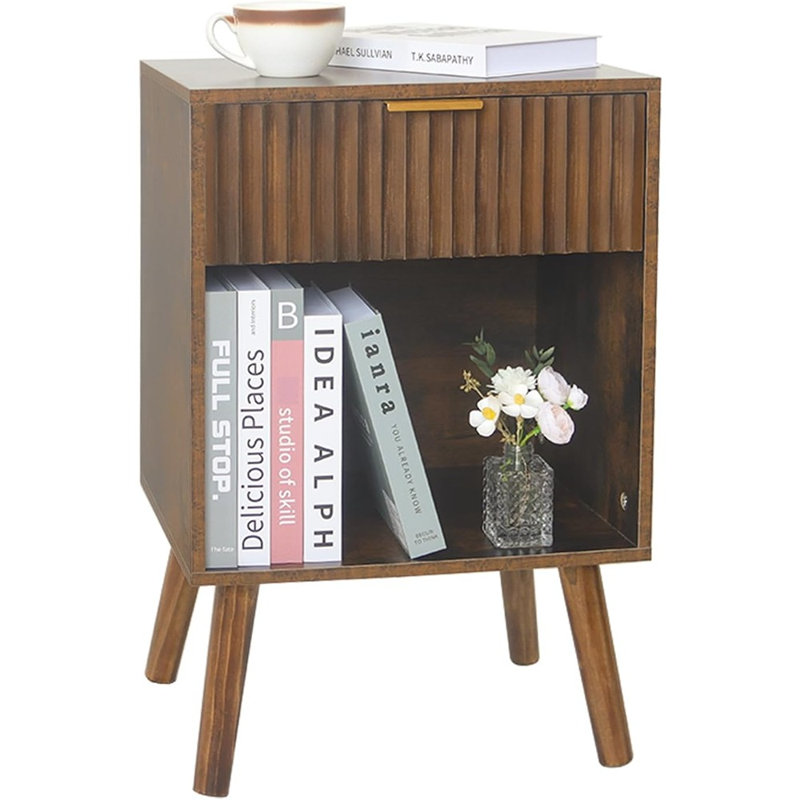 Table de chevet moderne Mid Century, table de chevet en bois avec tiroir et rangement, table de chevet de salon avec pieds en bois massif pour la chambre à coucher (brun rustique)
