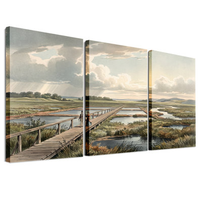 Ensemble de 3 toiles murales vintage représentant un couple marchant sur un pont en bois dans un marais