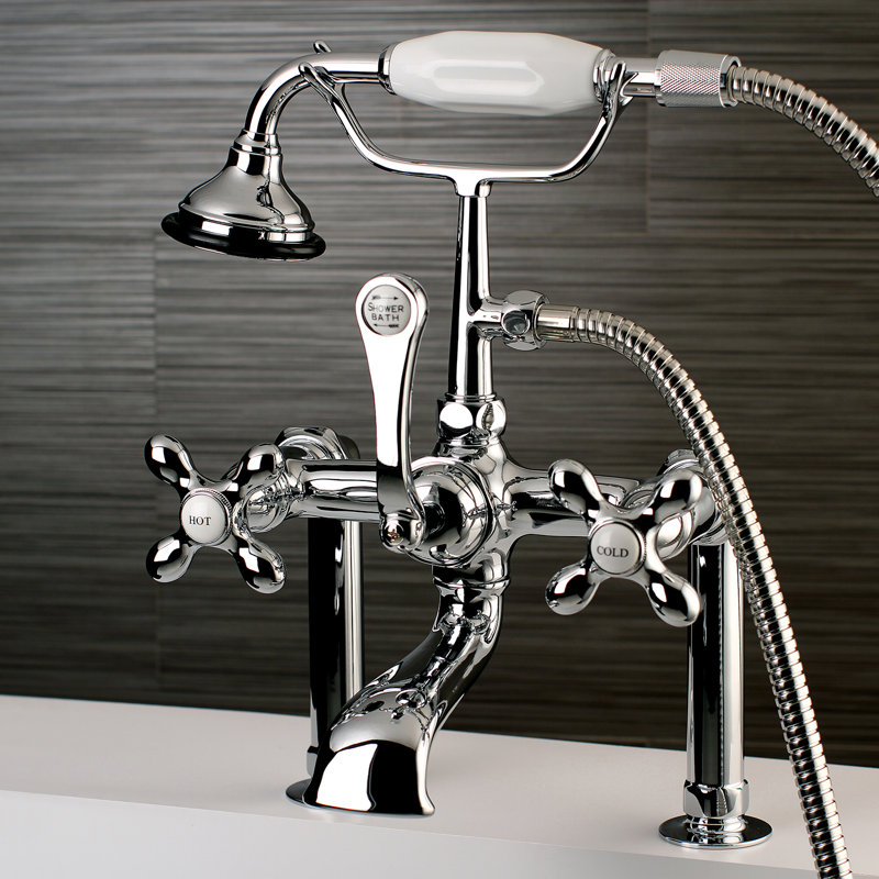 Kingston Brass Aqua Vintage Three-Handle 2-Hole Deck Mount Clawfoot Tub Faucet with Hand Shower, Polished Chrome