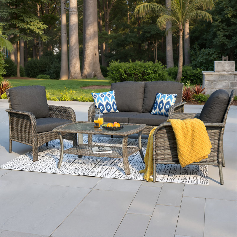 4-Piece Wicker Patio Conversation Set with Cushions and Glass Coffee Table, Black
