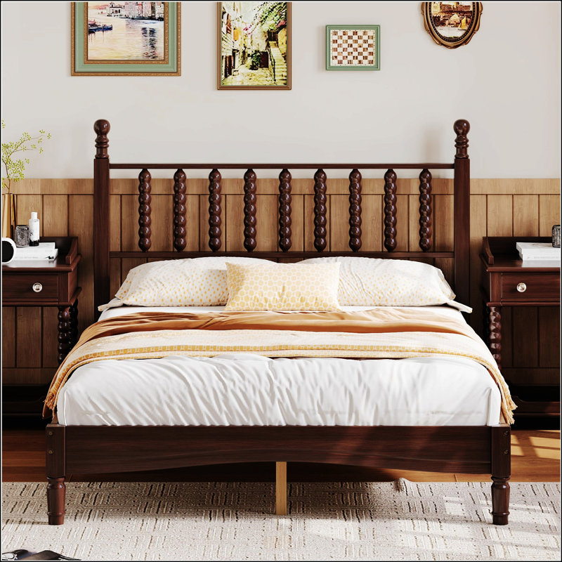Lit plateforme double en bois pleine grandeur avec tête de lit en forme de gourde, style rétro et support à lattes en bois, finition noyer