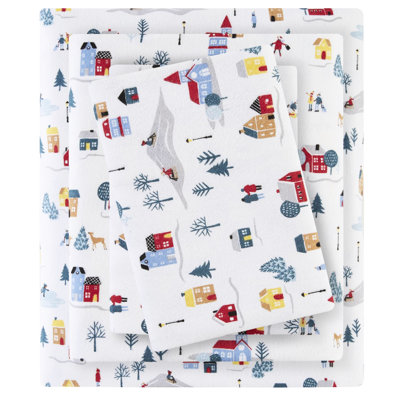 Grand drap, 4 pièces 100% flanelle de coton, imprimé blanc village, doux et confortable, drap plat, taies d'oreiller ajustées, imprimé élastique lavable à la machine ultra doux, entretien facile