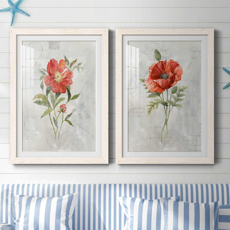 Lin pivoine - ensemble de 2 reproductions d'art, H 37,5 po x l 55 po x P 1,5 po, Papier encadré blanc, Blanc