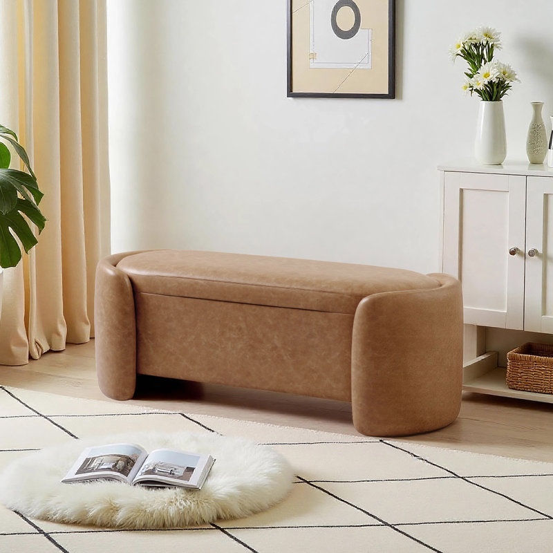 Oval Storage Ottoman Bench, Faux Leather Upholstered Entryway Bench, Mid-Century Modern Bedroom End of Bed Bench, Footrest for Living Room
