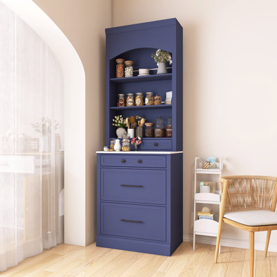 2 Set Freestanding Tall Kitchen Hutch With Faux Marble Top by Lark Manor