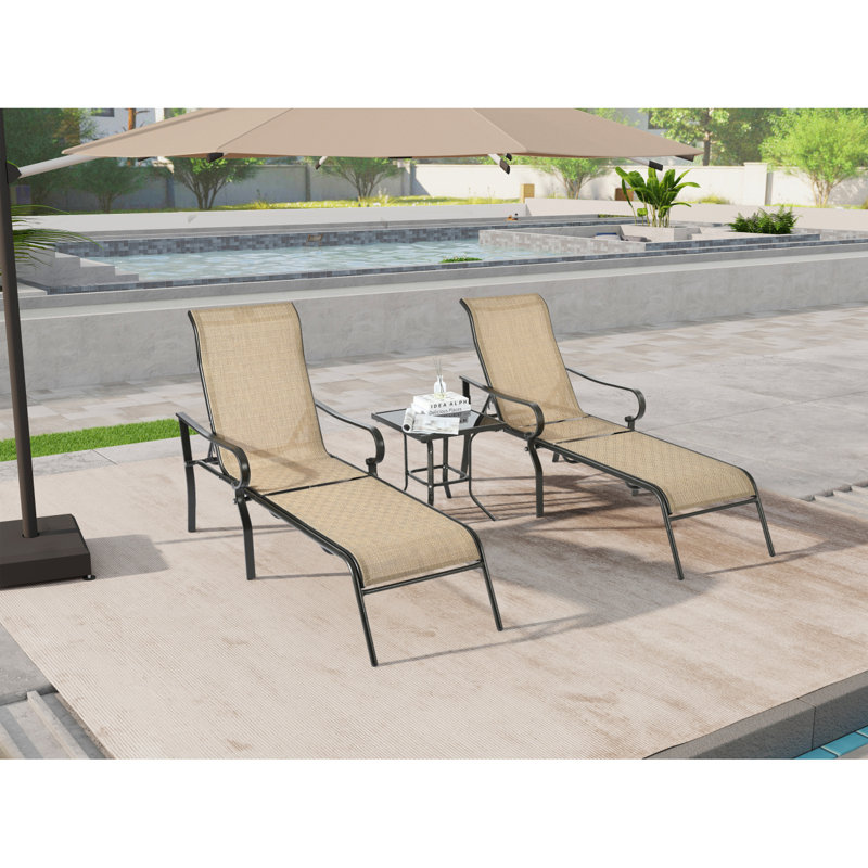 Ensemble de 3 chaises longues de patio, chaise longue d'extérieur avec 5 dossiers réglables, structure en acier robuste, fauteuil inclinable pour bronzer, chaise de plage, chaise de bronzage pour l'extérieur, cour, balcon, chaises de piscine