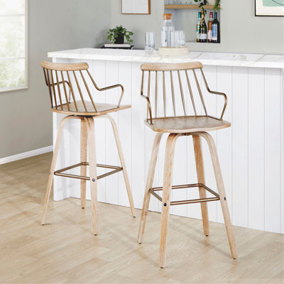 Tabouret de bar à hauteur fixe avec pivot en bois blanchi et métal cuivre antique avec repose-pieds carré en métal cuivre antique