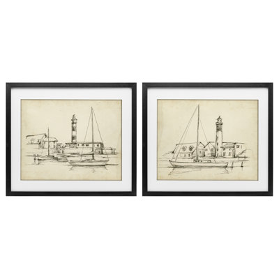 Vintage Lighthouse Studies 2pc Framed Print Under Glass Set, design by Ethan Harper