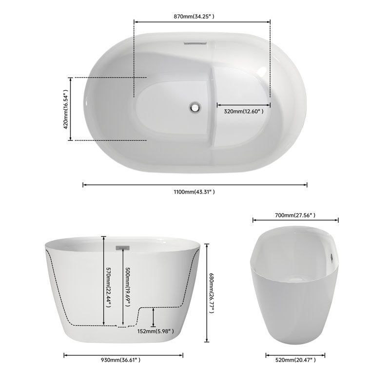 Baignoire autoportante 43 po en acrylique de qualité supérieure avec siège en blanc 43 po