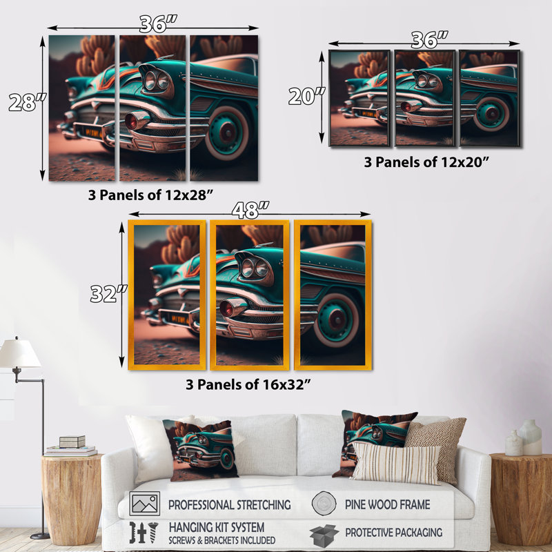 Gros plan d'une voiture rétro classique - impression sur toile 3 pièces, L 48 po x H 32 po, Cadre blanc