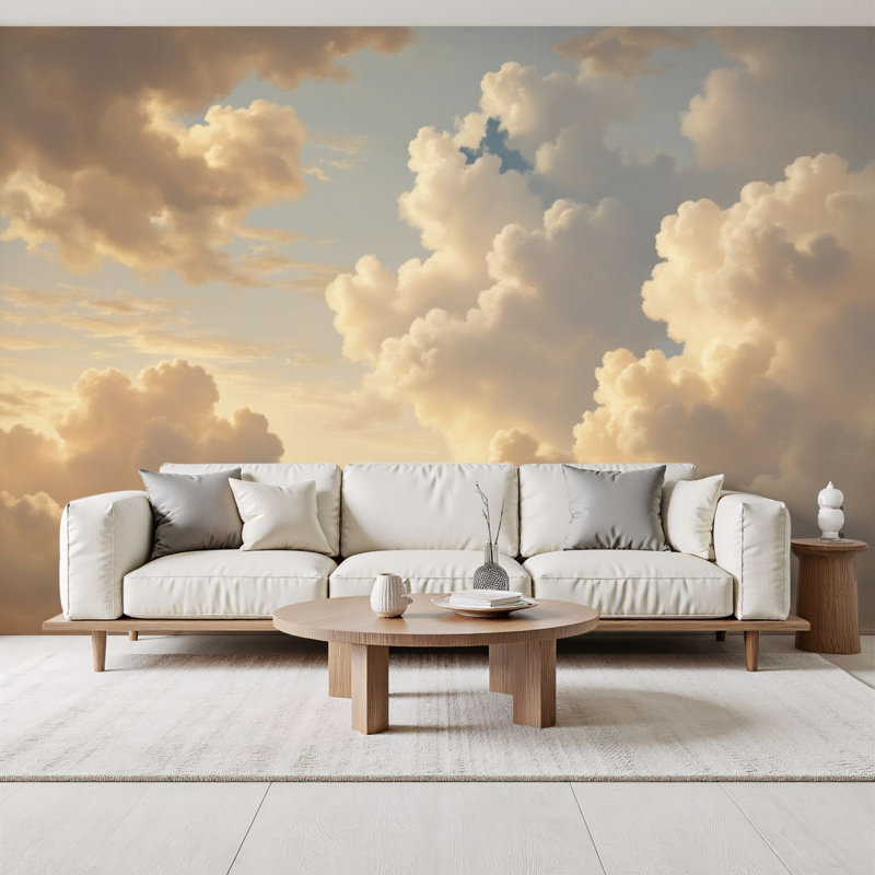Papier peint adhésif Boho Golden Cumulus Clouds Soft Sunset Sky Warm Light Dreamy Wall Wallals, L 96 po x l 69 po