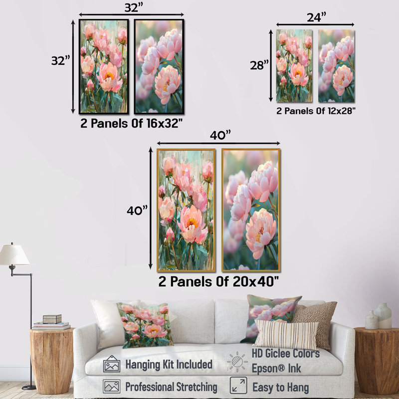 Pivoines au bord du verger I - Collection d'art mural floral 2 pièces, H 28 po x l 25 po, Cadre crème crème