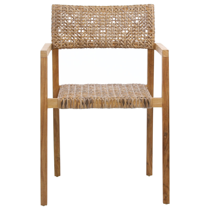 Deeta Indoor-Outdoor Sanded Natural/Medium Brown Finish Teak and Synthetic Rattan Arm Chair, Set of 2