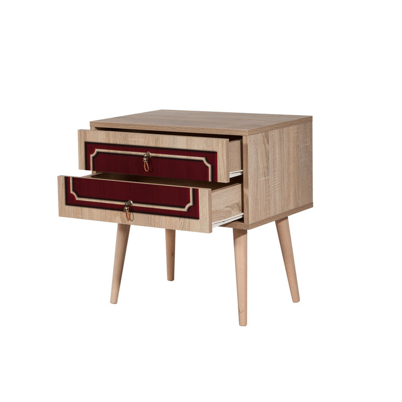 Table de chevet 2 tiroirs Kira, Noyer / rouge