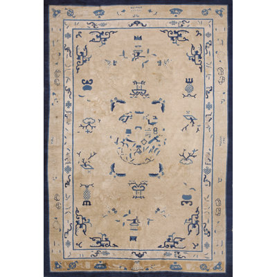 Antique Geometric Medallion Wool Hand Knotted Pile Ivory Beige Cream White 1930s Rug