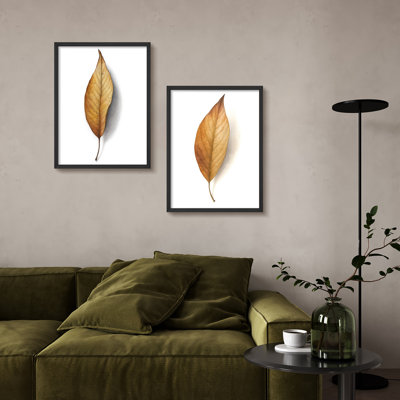 Golden Autumn Leaves Framed Print Wall Art Set - 2-Piece Realistic Botanical Prints in Warm Brown Tones, Seasonal Nature-Inspired Artwork for Living Room or Dining Area Decor