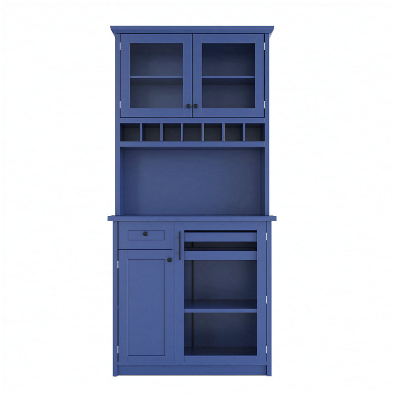 Buffet sur pied Farmhouse avec huche, grand garde-manger avec support à vin et tablettes réglables, bleu, Bleu