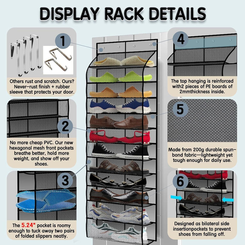 Over-the-door Shoe Organizer With 12 Large Breathable Pockets Grey