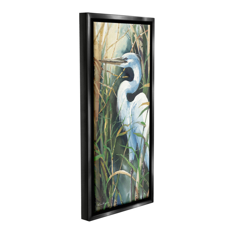 «Egret & Marshland Leaves Floater Frame» par John Rossini sur toile, Cadre flottant noir de jais, H 25 po x l 11 po