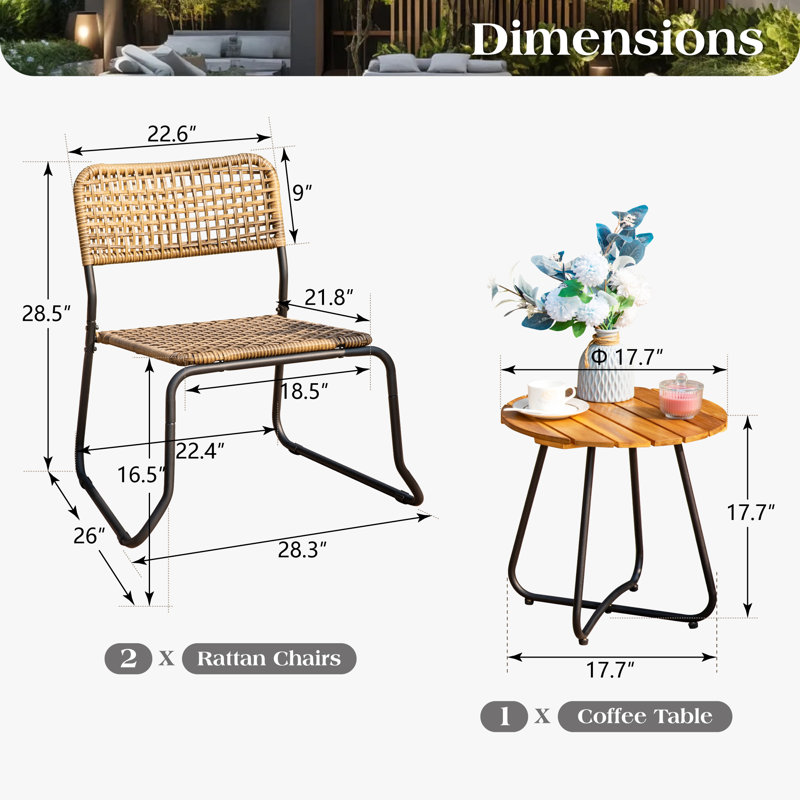 Ensemble de patio empilable en osier pour 2 personnes avec table en bois massif Colzie