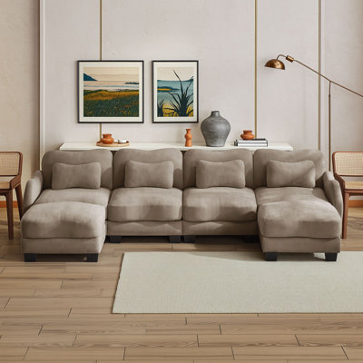 4-Seater Chenille U-Shaped Modular Sofa with 2 Movable Ottomans, 4 Waist Pillows and Ergonomic Curved Arms