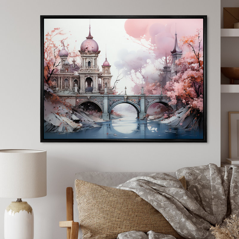 «Pink Bridge Enchanted Crossing I», reproduction sur toile, H 16 po x l 32 po x P 1 po, Cadre flottant noir