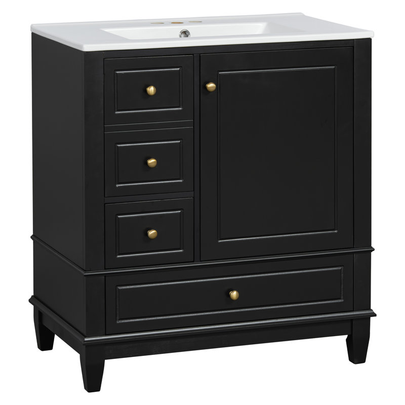 Aurelia 30" Contemporary Bathroom Vanity With Ceramic Sink And Soft-Close Storage, Black/Gold