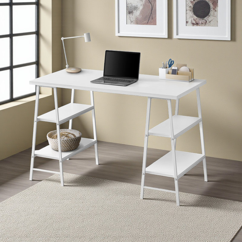 Adalwin 3-Tiered 4-Shelves White Computer Desk with White Metal Legs 29.8" H X 46.97" W X 23.54" D, White