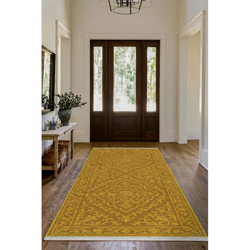 Tapis jaune en coton et polyester à imprimé numérique Medina Collection, Tapis de couloir 3 pi 4 po x 8 pi 3 po