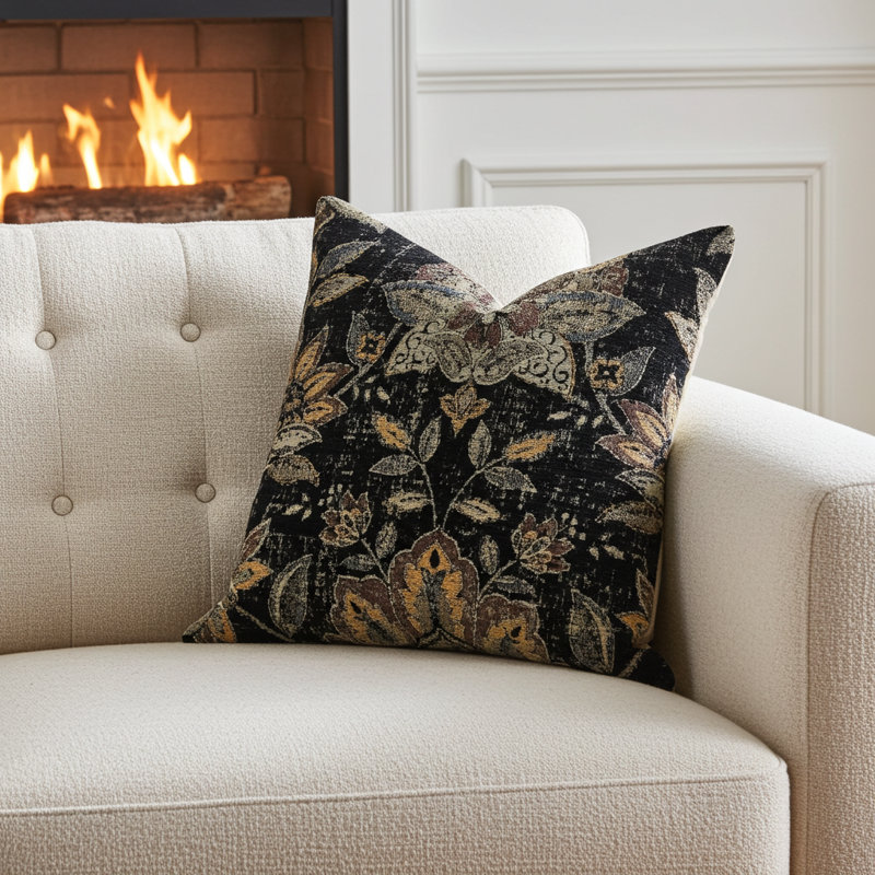 Oreiller luxueux en fleur de Lotus noir, 16 po x 1 po, Coussin décoratif