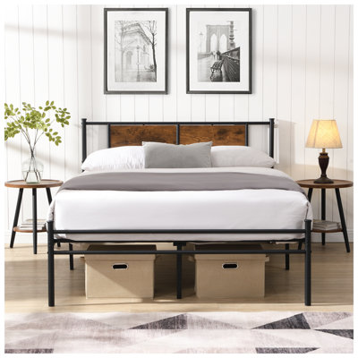 Base de lit grand format en métal avec tête de lit en bois rustique - Lit plateforme robuste en acier noir avec rangement sous le lit