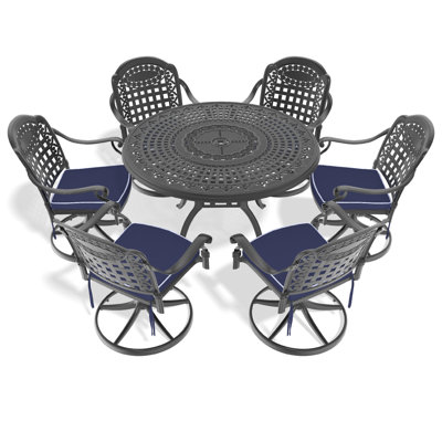 Ensemble de salle à manger 7 pièces en fonte d'aluminium toutes saisons, comprenant 6 chaises pivotantes et une table ronde de 47,24 po avec structure noire
