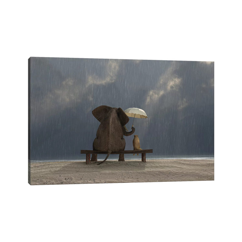 Elephant And Dog Sit Under The Rain by Mike Kiev - Wrapped Canvas Print, 66.04 cm H x 45.72 cm W x 1.91 cm D