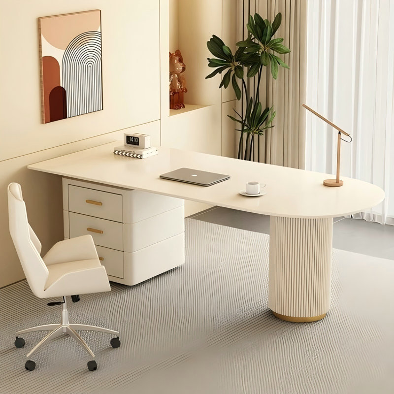 Cream Wood Sintered Stone Writing Desk, 29.53" H x 55.12" W x 31.5" D
