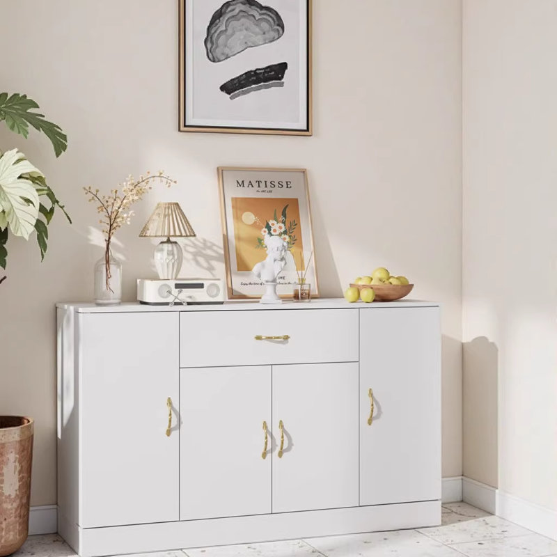 Buffet moderne blanc avec 1 tiroir et 4 portes - Grande armoire de rangement pour la salle à manger, le café-bar et le salon