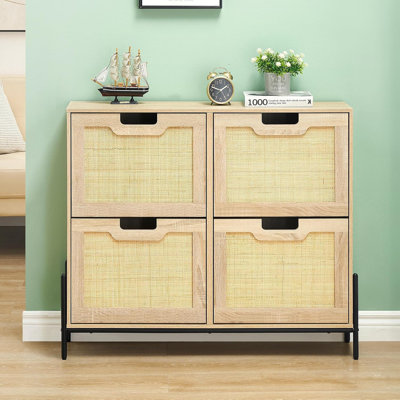 Rattan Shoe Cabinet with Flip Drawers & Top Drawers, Freestanding Wooden Shoe Organizer with Adjustable Shelves