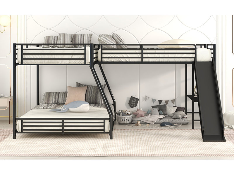  Lit superposé simple au-dessus de double en L avec glissade, bureau intégré et structure surélevée, noir