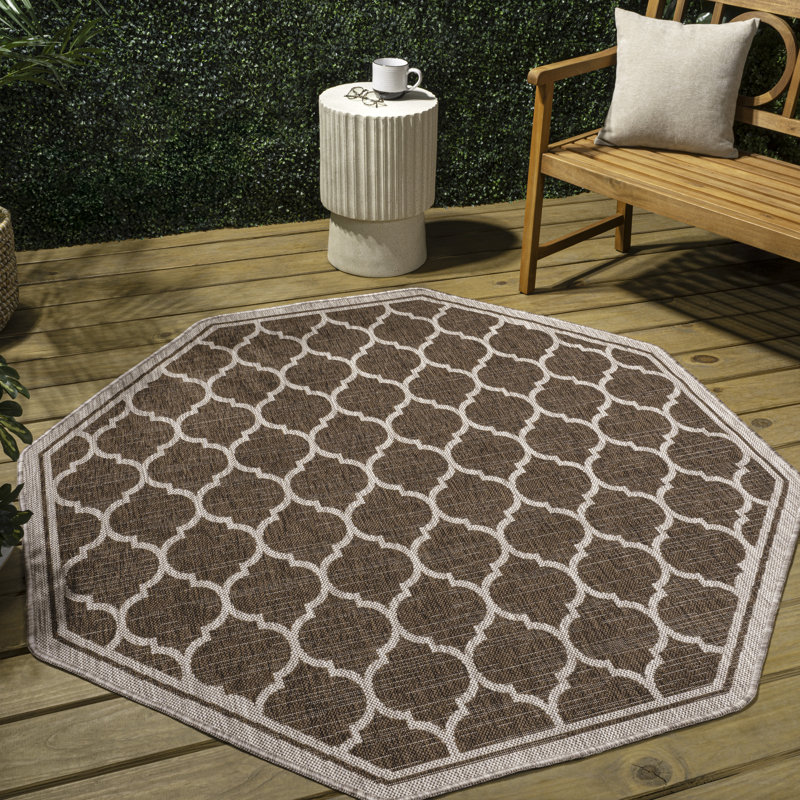 Hague Moroccan Trellis Textured Weave Espresso/Taupe Indoor/Outdoor Rug, Octagon 7'9"