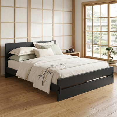 Structure de lit plateforme en bambou grand format, bois massif, support robuste, pas de sommier, minimaliste, noir