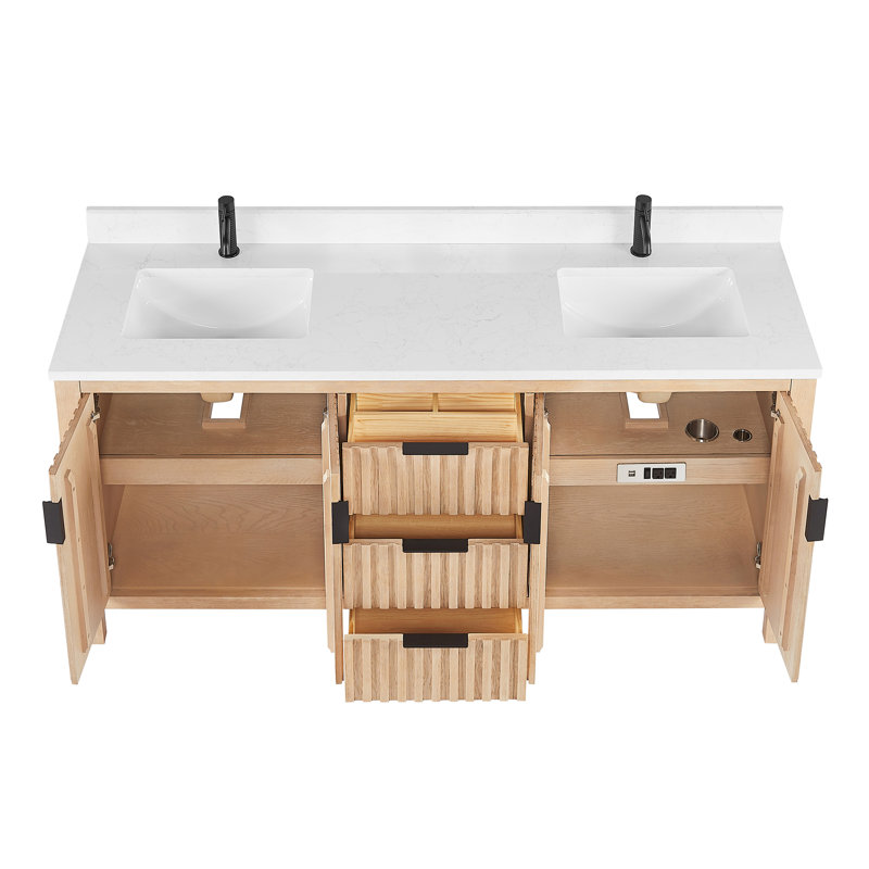 Meuble-lavabo double 72 po avec plateau en pierre blanche Charnley, Chêne naturel vieilli / noir mat