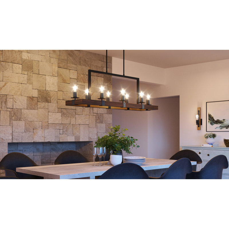Lustre carré / rectangulaire Yasamine, 8, H 15 po x l 44 po x P 11 po, Noir mat / noyer riche