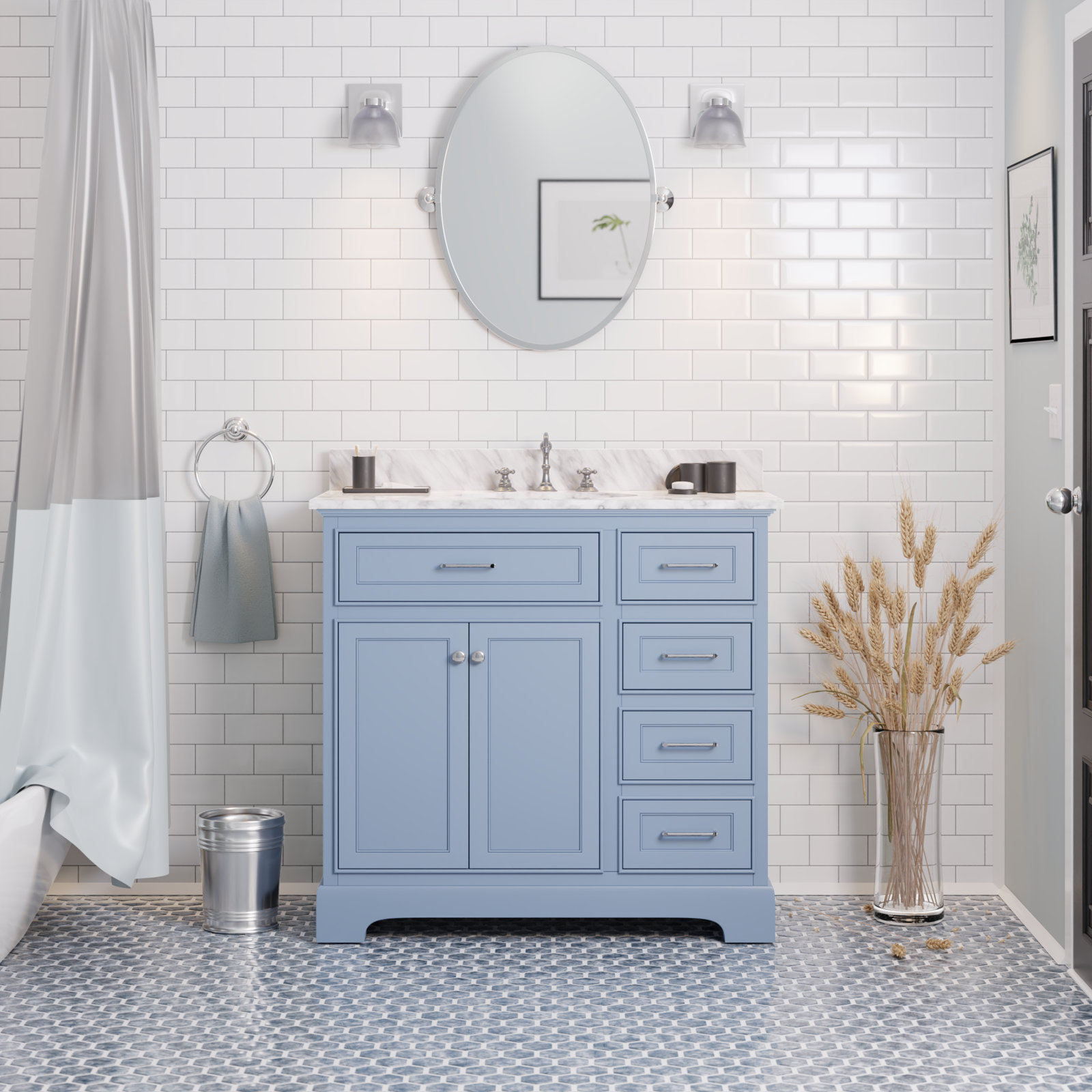 Ronnie 36'' Single Bathroom Vanity, Carrara Marble, Powder Blue