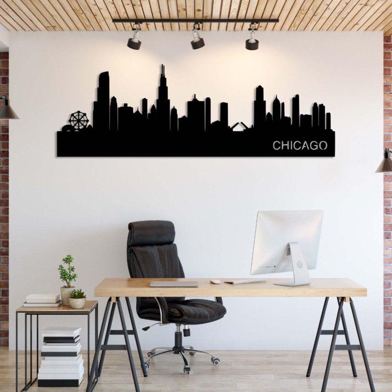 Chicago, art mural en métal de l'horizon de Chicago - décor de paysage urbain - Silhouette urbaine, conception - Tenture murale industrielle moderne - œuvre de Landmark Travel City - décor de salon de bureau à domicile - pièce d'art remarquable