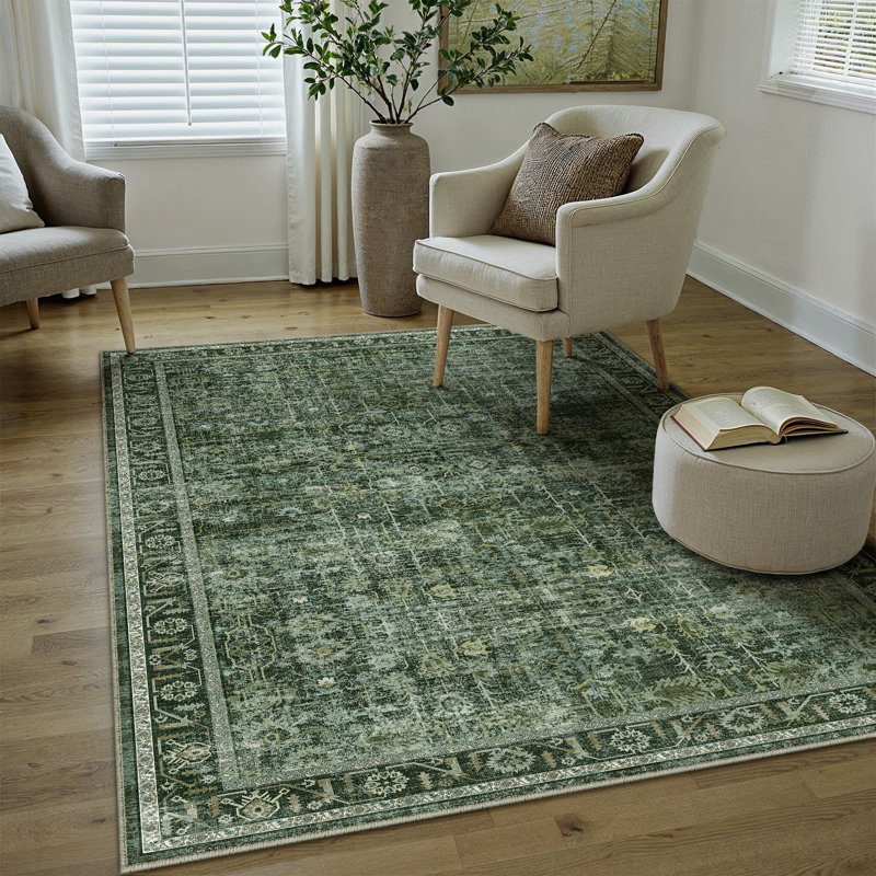 Vintage Classic Oriental Area Rug in Green, Rectangle 3'4" x 5', Green
