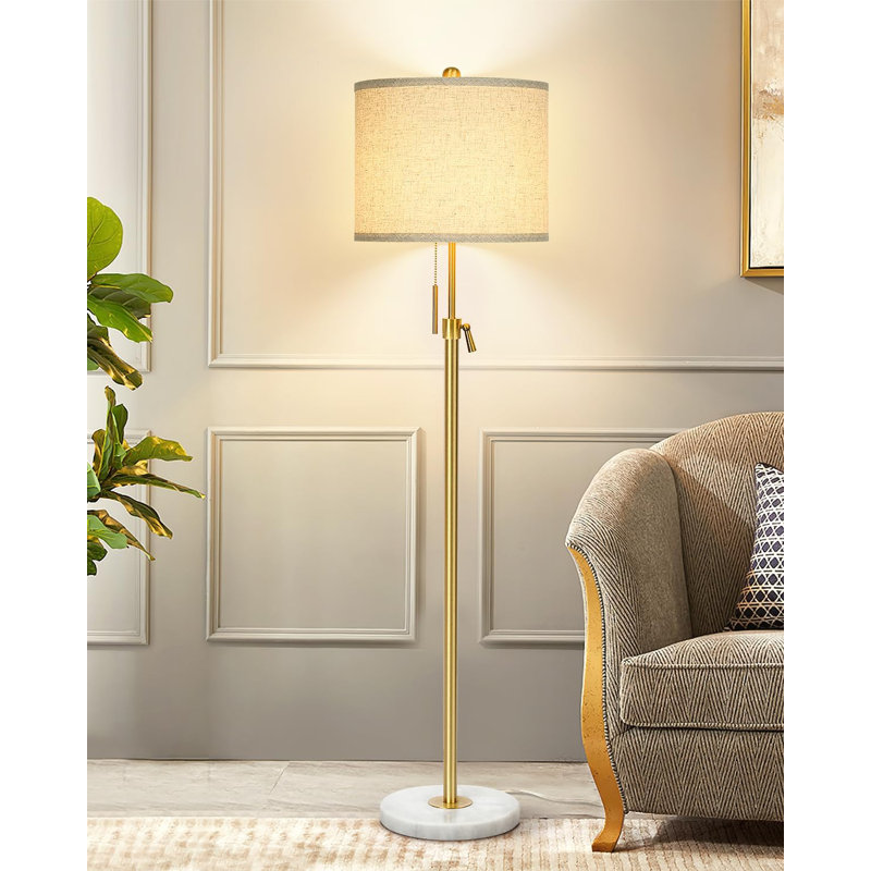 Modern Floor Lamp For Living Room, Adjustable Height Standing Lamp With Marble Base, Gold Tall Pole Light With Linen Shade For Reading Bedroom, Chain Switch, 8W 3-Way Dimmable Bulb Included