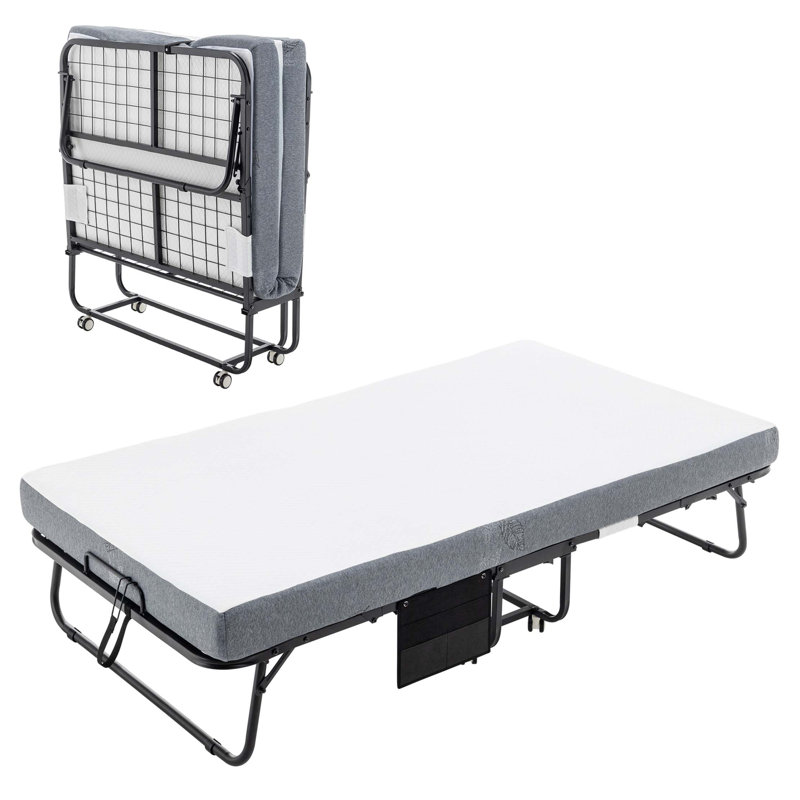 Lit pliant avec matelas, lit pliable portatif avec housse de rangement, lit escamotable pour adultes avec matelas en mousse à mémoire de forme et structure en métal, lit d'invité sur roulettes