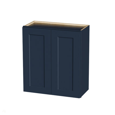 27" Navy Blue Shaker Wall Cabinet Solid Wood with 2 Adjustable Shelves Ready-to-Assemble for Kitchen, Bathroom, Laundry, and Garage Storage (27"W×12"D×30"H)
