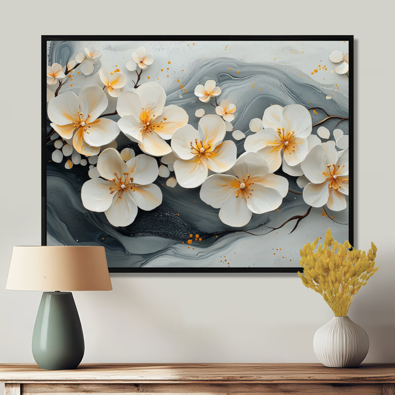 Velours noir fleurs de cerisier I - art mural sur toile fleur de cerisier, H 12 po x l 20 po, Cadre flottant, Noir