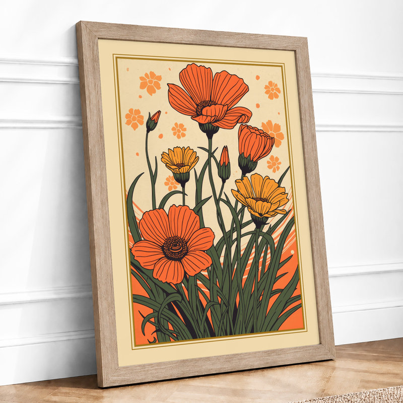 Orange and Yellow Blooms Botanical - Framed Print, A2 - 59.4 x 42.0 cm, Oak